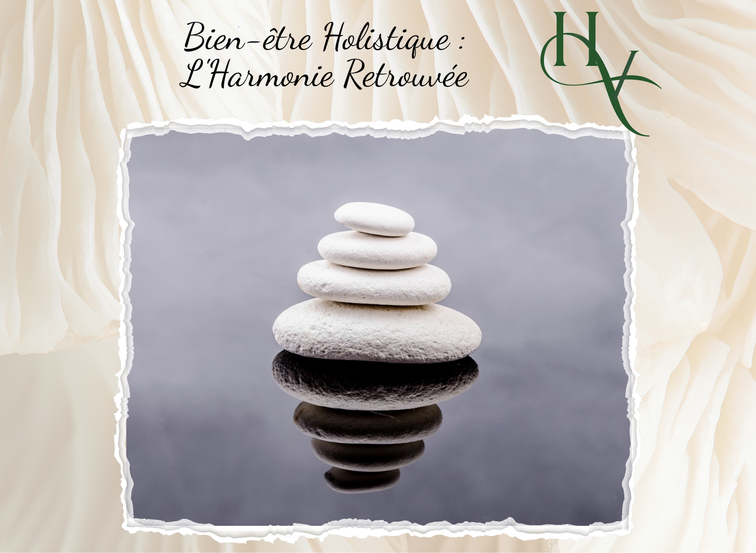 Composition naturelle de galets lisses et de feuilles vertes perlées de rosée, évoquant la fraîcheur, l'équilibre et la vitalité inhérente à l'approche holistique.