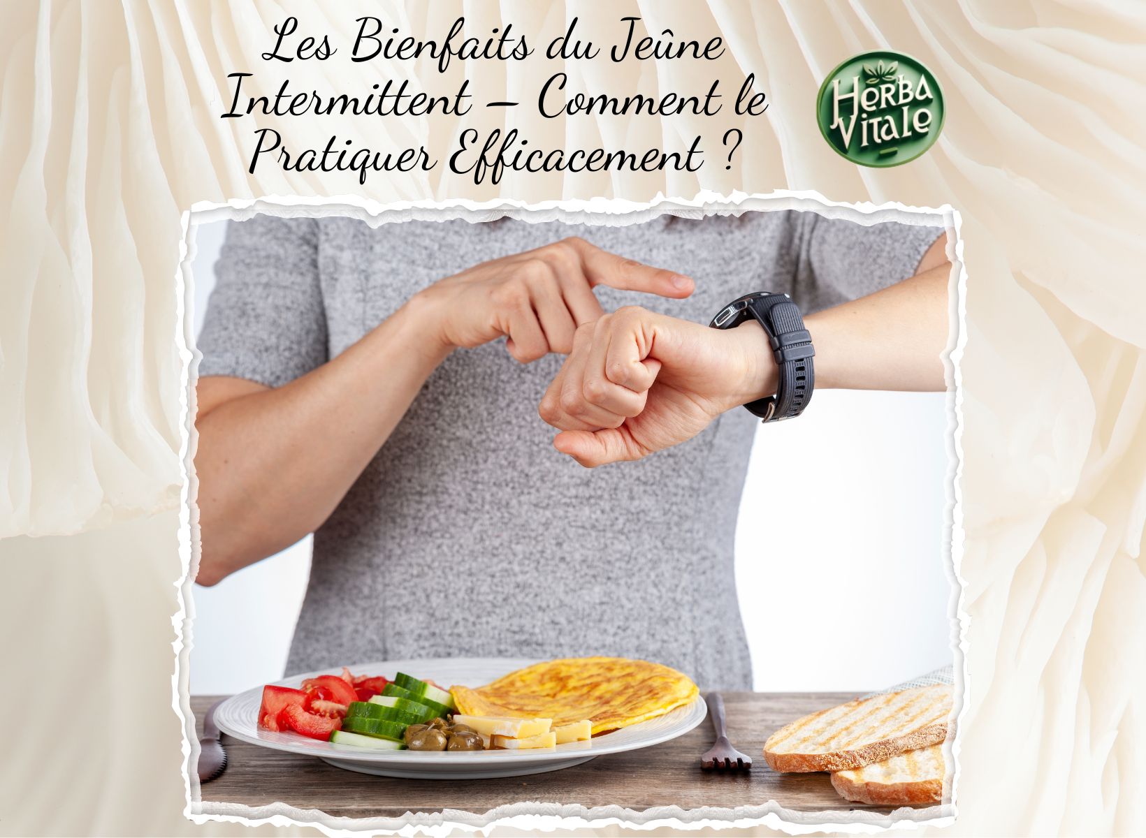 Une femme devant son assiette qui montre sa montre